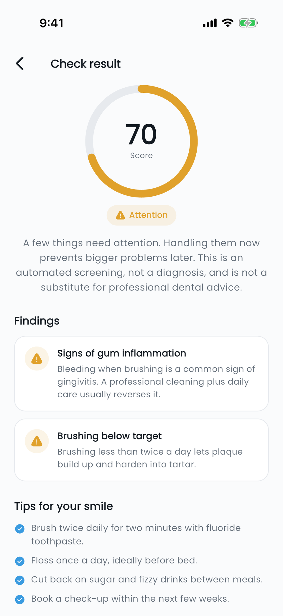 SmileAI check result: score 70, attention, with findings and tips