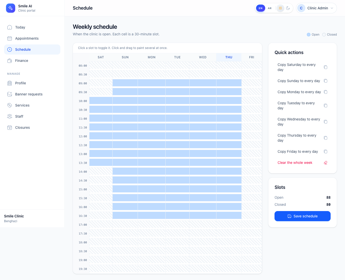 SmileAI clinic portal weekly schedule with open and closed slots
